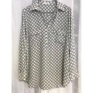 Pleione Womens Black White Chain Link Print Long Sleeve Button Front Blouse M